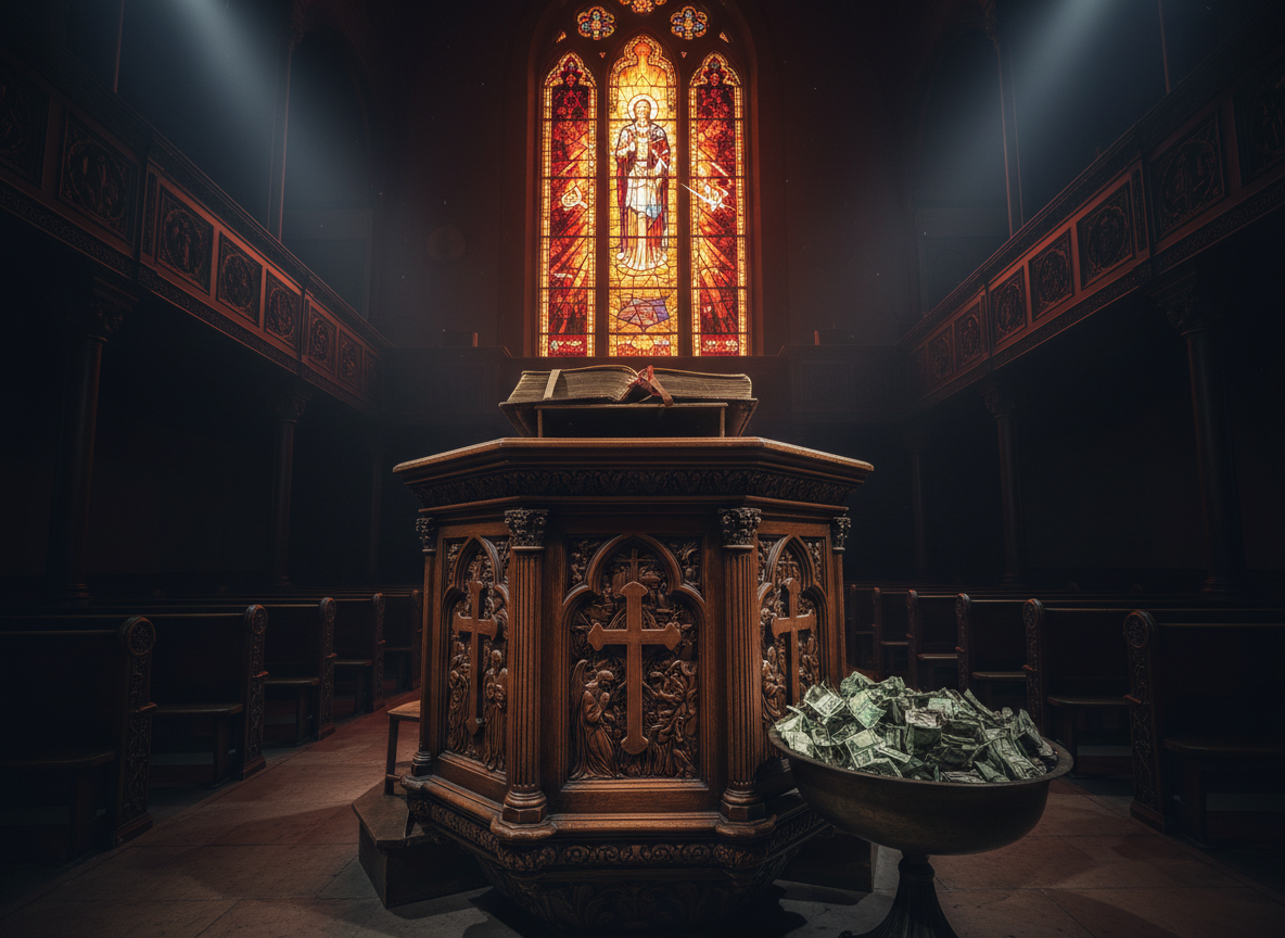 A massive, ornate wooden pulpit carved with intricate religious symbols dominates the center of a dim sanctuary, its dark glossy surface catching harsh, overhead spotlights. Around it, rows of empty polished pews stretch into shadow, and behind the pulpit a towering stained-glass window glows with rich reds and golds, slightly cracked. On the pulpit’s surface lies a leather-bound book with gilded pages, partially open, beside an overflowing collection plate of crumpled cash. Photographic realism, shot from a low-angle perspective to make the pulpit loom powerfully, with deep contrast and long, dramatic shadows, creating a bold, confrontational mood that hints at authority mixed with corruption and hidden motives.