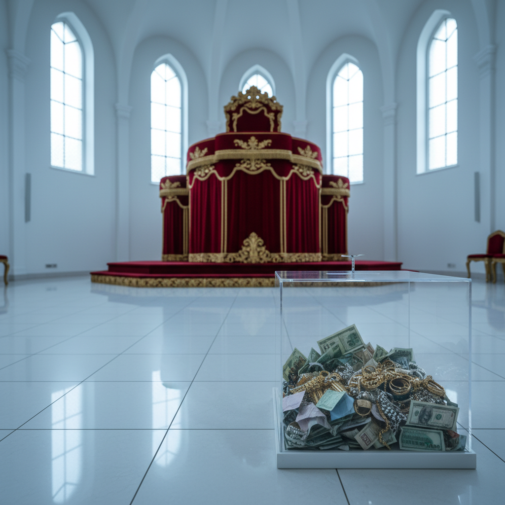 A pristine white church interior with glossy tiled floors and high, arched ceilings features a gleaming acrylic donation box at the entrance, stuffed with cash and jewelry. Behind it rises a grand, oversized pulpit platform clad in luxurious red velvet and gold trim, almost theatrical in appearance. Cool, diffused daylight filters through frosted windows, throwing soft, bluish highlights across the floor while leaving the pulpit in a slightly darker, ominous tone. Captured at eye level with a wide-angle lens, the foreground donation box in sharp focus and the extravagant stage subtly blurred, the photographic image feels calm at first glance but reveals a bold, unsettling contrast between humble giving and lavish spiritual showmanship.